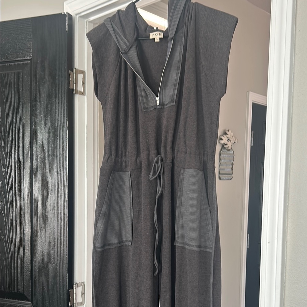 Gray Hooded Jumpsuit with Pockets